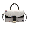 Women's floral butterfly print crossbody bag with black braided handle and golden buckle - Color Block