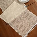 Beige hollow knit table runner with geometric lace and pom-pom trim on wood table - Triangle Stripes 8 / 35*91