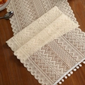 Cream knit table runner with geometric hollow patterns and white pom pom fringe - Triangular Stripes 9 / 35*91