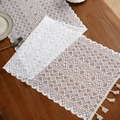 Bohemian white hollow knitted table runner with tassels and geometric patterns - Triangle Stripes 11 / 35*91