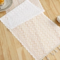 White hollow-out knitted table runner with geometric patterns and tassel edges - Triangle Stripes 13 / 35*91