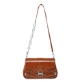 Retro brown leather baguette motorcycle bag with silver metal horseshoe buckle closure - Brown