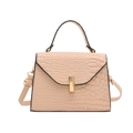 Pink crocodile pattern trapezoid handbag with gold metal clasp and crossbody strap - Khaki