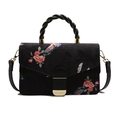 Vintage black floral handbag with pink embroidery and golden crossbody strap - Black