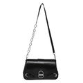 Glossy black lock crossbody bag with silver chain strap and metal clasp for women - Black