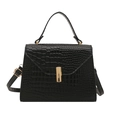 Minimalist black crocodile pattern top handle bag with golden buckle and crossbody strap - Black