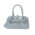 Light blue faux leather shell bag with decorative belt buckle and silver hardware - Blue