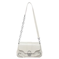 Minimalist cream leather shoulder bag with round silver buckle and metal chain strap - White