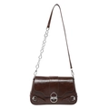 Retro dark brown baguette shoulder bag with metal twist lock and chain strap on white background - Brown