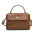 Classic brown leather satchel with gold swivel lock and top handle for commute - Brown