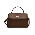 Dark brown faux leather handbag with gold square twist lock and adjustable shoulder strap - Brown