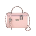 Pink snake-embossed vanity box bag with woven chain and adjustable gold ball strap - Pink