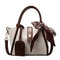 Retro cream white bucket bag with brown leather trim and a houndstooth scarf on handle - Brown (FS638AD)
