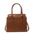 Brown monogram tote bag for women with fashion print and golden hardware in front view - Brown