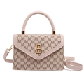 Creamy white monogram handbag with gray M-letter print and golden twist lock closure - White