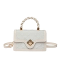 Elegant white leather crossbody bag with woven handle and gold floral clasp - White