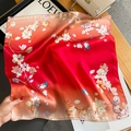 Artistic red gradient silk square scarf with white magnolia and blue bird print - Small Square Scarf / Red (ZS-309)