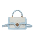 Fashionable floral lock square bag in light blue and beige contrast with braided handle - Blue