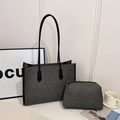 Modern black and white woven tote bag set with matching pouch and leather handles - Black Large