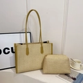 Straw weave tote bag with mustard yellow leather trim and matching inner pouch - Yellow Large