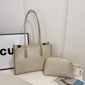 Chic beige woven tote bag and matching cosmetic pouch set with brown leather straps - Khaki Large