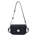 Classic black pebble leather saddle bag with silver metal buckle and chain strap - Black