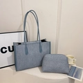 Blue and white woven large tote bag set with matching pouch and stylish leather handles - Blue Large