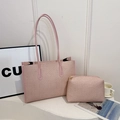 Pink woven tote bag set with matching makeup pouch and long shoulder strap in pink - Pink Large