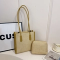 Large woven tote bag set with matching small pouch in mustard yellow leather trim - Yellow Small