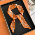 Elegant orange silk twilly scarf with vintage key and chain patterns in a display tray - 5*85cm / Orange