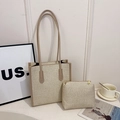 Two-piece set with cream woven tote and small pouch with tan leather trim details - Khaki Small