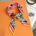 Floral print silk skinny scarf with pink peony patterns on an orange background - Rose Red & Black