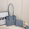 Blue and white woven large tote bag with matching pouch and sky blue leather handles - Blue Small