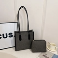 Two-piece grey tweed tote bag set with black leather handles and matching small pouch - Black Small