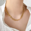 Close-up of gold paperclip chain necklace styled on a model for a minimal industrial look - Hollow Paperclip Chain Style / Gold