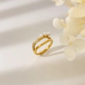 Macro detail of gold-plated double-layer ring featuring three pearls and pave crystals - US 6 / Three Pearls & Fine Diamonds