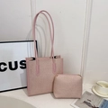 Pink woven tote bag set with matching pouch and leather handles for women - Pink Small