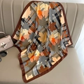 Houndstooth and maple leaf print silk scarf with satin finish and orange accents - 70*70cm / Brown