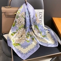 Floral print silk scarf with blue peony patterns and elegant vintage borders for women - Square Style / Purple (Peony Floral)