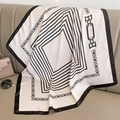 Elegant striped square silk scarf with geometric chain print on beige satin fabric - 70*70cm / White (W-189-1)
