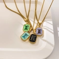 Close-up of emerald-cut colorful zircon pendants with enamel borders on 18K gold plated chains - Square Purple Zirconia