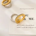 Detailed view of interlocking gold and silver rings with white pearl and micro-inlays - US 6 / Gold Steel Double Circle Pearl