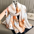 Long silk scarf with ivory and orange abstract ink marble pattern for sun protection - 90x180cm / Cream