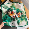 Floral print silk square scarf in green and white with elegant hand-rolled edges - 53*53cm / Green