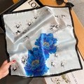 Elegant light blue silk floral square scarf with peony print for women's decoration - 53*53cm / Beige Blue