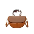 Brown saddle handbag with woven texture cover and sculpted silver metallic handle - Brown