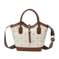 White bucket handbag with clover prints, brown leather trim and fabric shoulder strap - Style 2 White