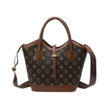 Vintage dark brown tote bag with star pattern and wide printed strap in top-view layout - Style 1 Coffee