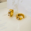 Detail of 18K gold-plated hoop earring with round and square zircon stones on brushed metal - Round & Square Zirconia / 1.8cm Outer Diameter