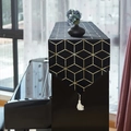 Elegant black piano cover with gold geometric 3D cubes and a white decorative tassel - Black Hot Stamping (Black Geometric Cube Style)